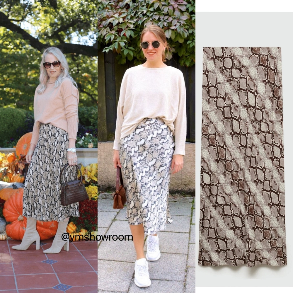 Mango Snake Print Midi Skirt in Cream and Brown